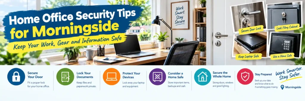 Home office security tips for Morningside remote workers, featuring a secure home workspace with a locked office door, laptop storage, filing cabinet lock, home safe, and measures to protect equipment, client documents, and confidential information.