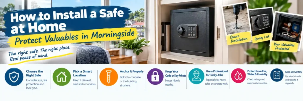 How to install a safe at home in Morningside, featuring a securely anchored home safe, valuables protection, safe placement, lock security, fire protection, and home security best practices for protecting jewellery, cash, passports, and important documents.