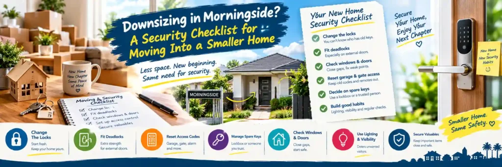 Downsizing in Morningside home security checklist infographic showing moving boxes, house keys, a smaller home, smart door lock, and essential security steps including changing locks, fitting deadlocks, securing windows and doors, resetting access codes, managing spare keys, and protecting valuables after moving house.