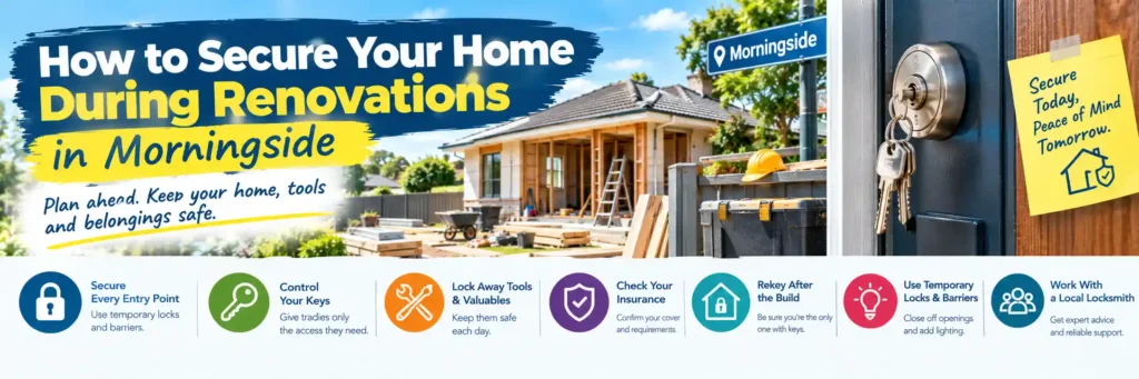 Home renovation security tips in Morningside, featuring a house under renovation, secure door lock, keys, construction tools, and advice on protecting entry points, controlling tradie access, securing valuables, and rekeying locks after building work.