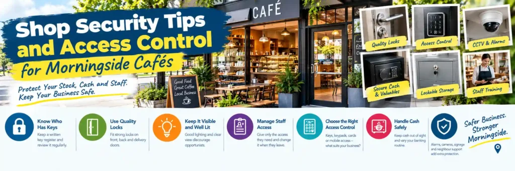 Shop security tips and access control for Morningside cafés, featuring a secure café storefront with quality door locks, keypad access control, CCTV cameras, cash safe, lockable storage, staff access management, and business security measures.